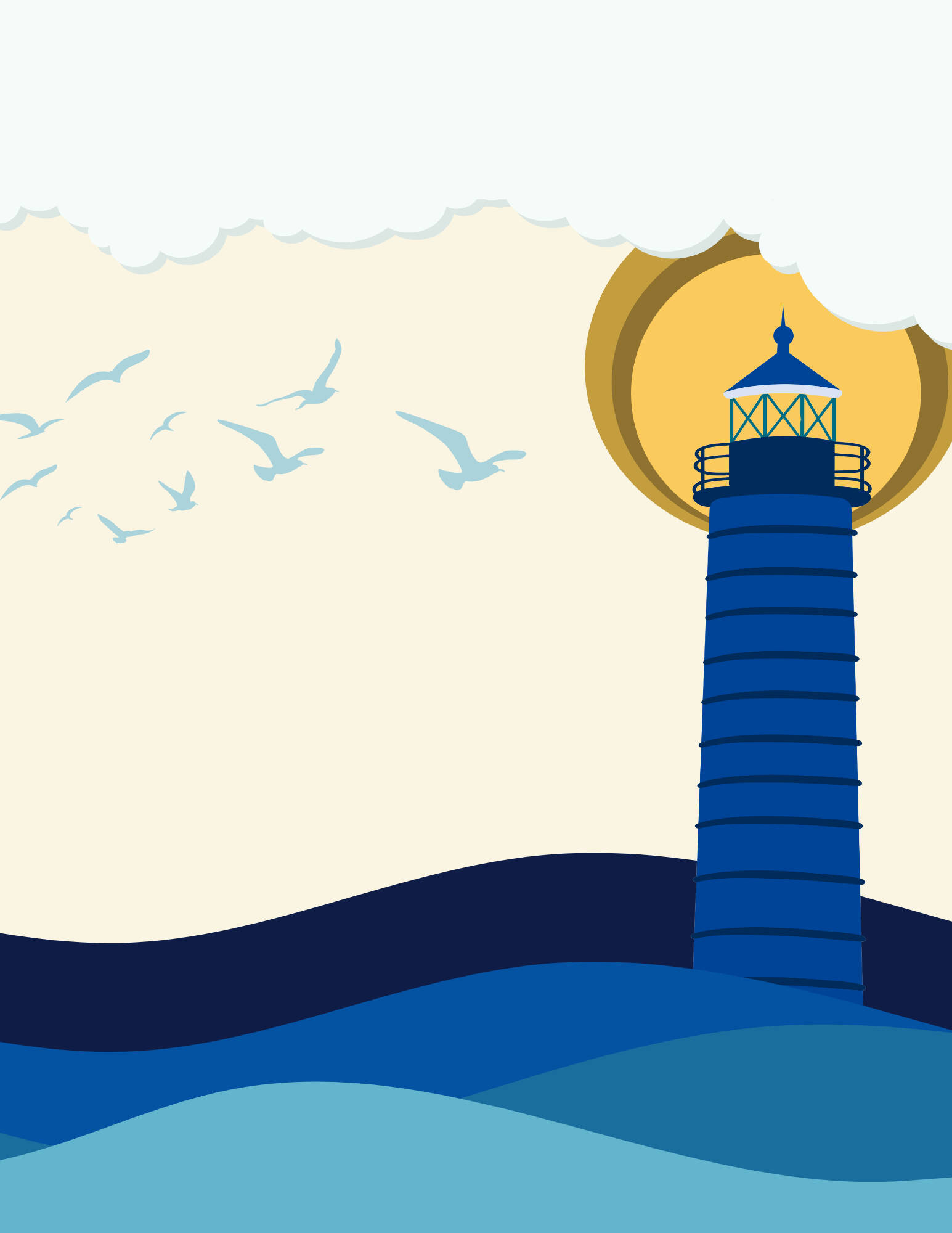 an illustration of a lighthouse on the sea with a sun, clouds, and seagulls